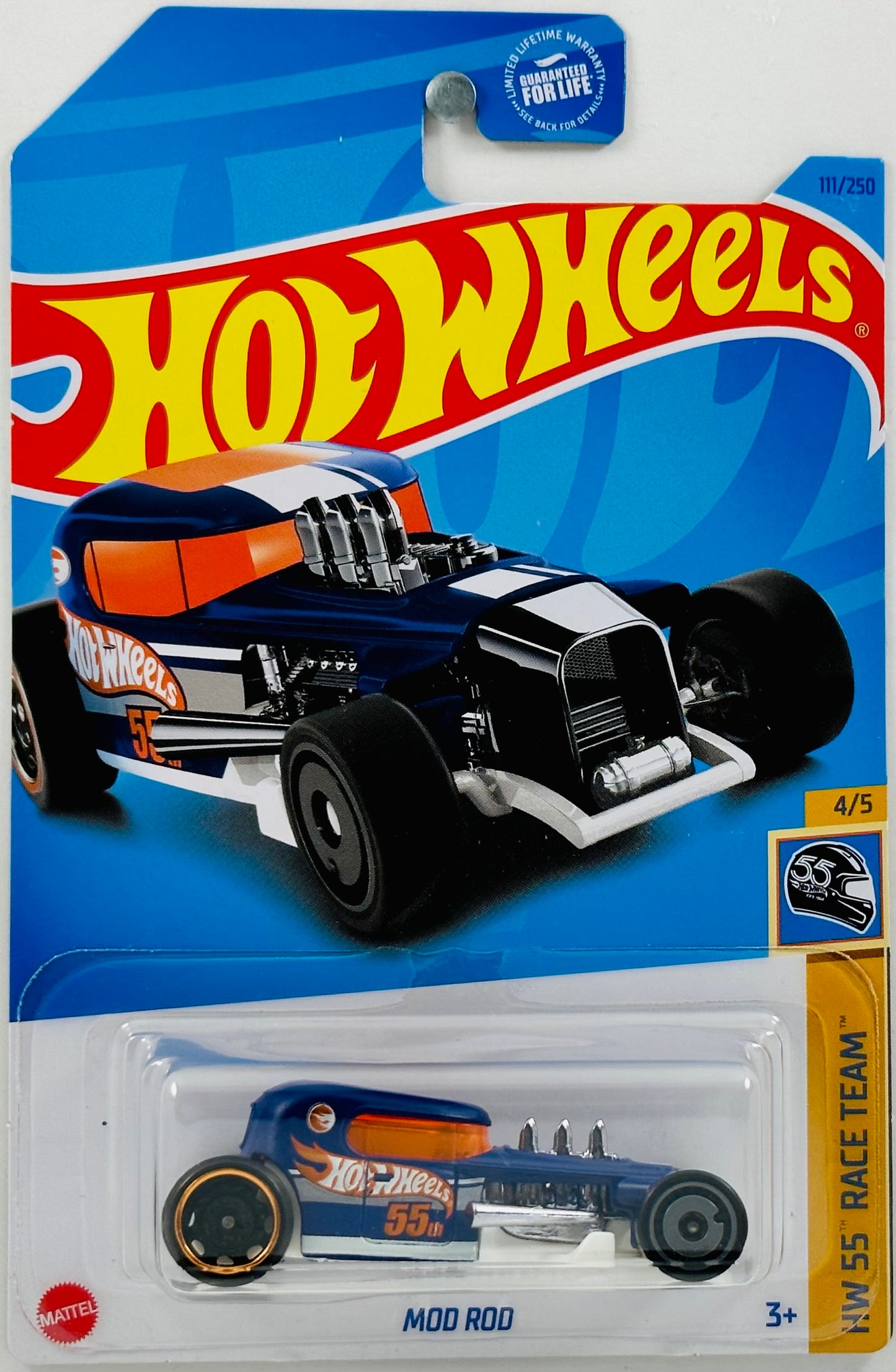 Hot Wheels 2023 - Collector # 111/250 - HW 55 Race Team 04/05 - Mod Rod - Matte Blue - White Stripes / Hot Wheels Graphics / '55th' - USA
