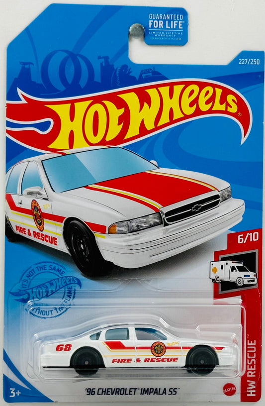 Hot Wheels 2021 - Collector # 227/250 - HW Rescue 06/10 - '96 Chevrolet Impala SS - White - Red & Yellow Stripes / 'Fire & Rescue' / '68' - USA