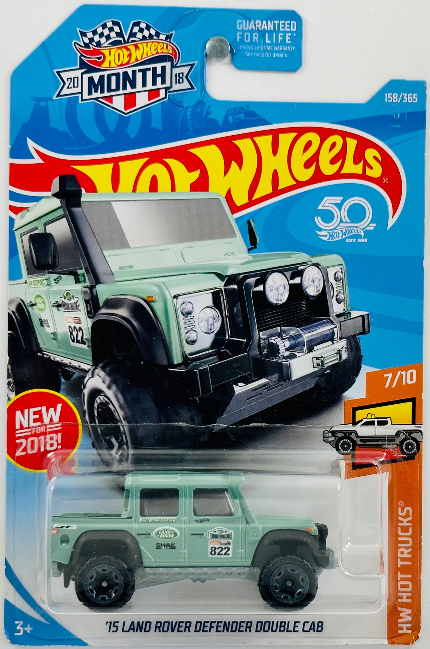 Hot Wheels 2018 - Collector # 158/365 - HW Hot Trucks 07/10 - New Models - '15 Land Rover Defender Double Cab - Eggshell Green - '822' - Walmart Exclusive - 50th Anniversary / Month / USA