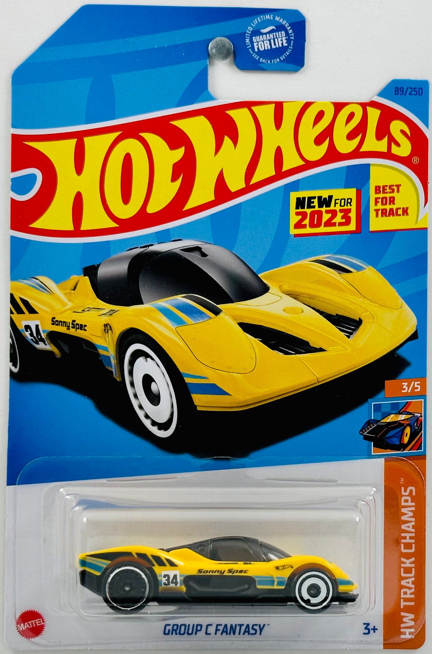 Hot Wheels 2023 - Collector # 089/250 - HW Track Champs 03/05 - New Models - Group C Fantasy - Yellow - Black & Blue Accents / 'Sonny Spec' / '34' - Best for Track - USA