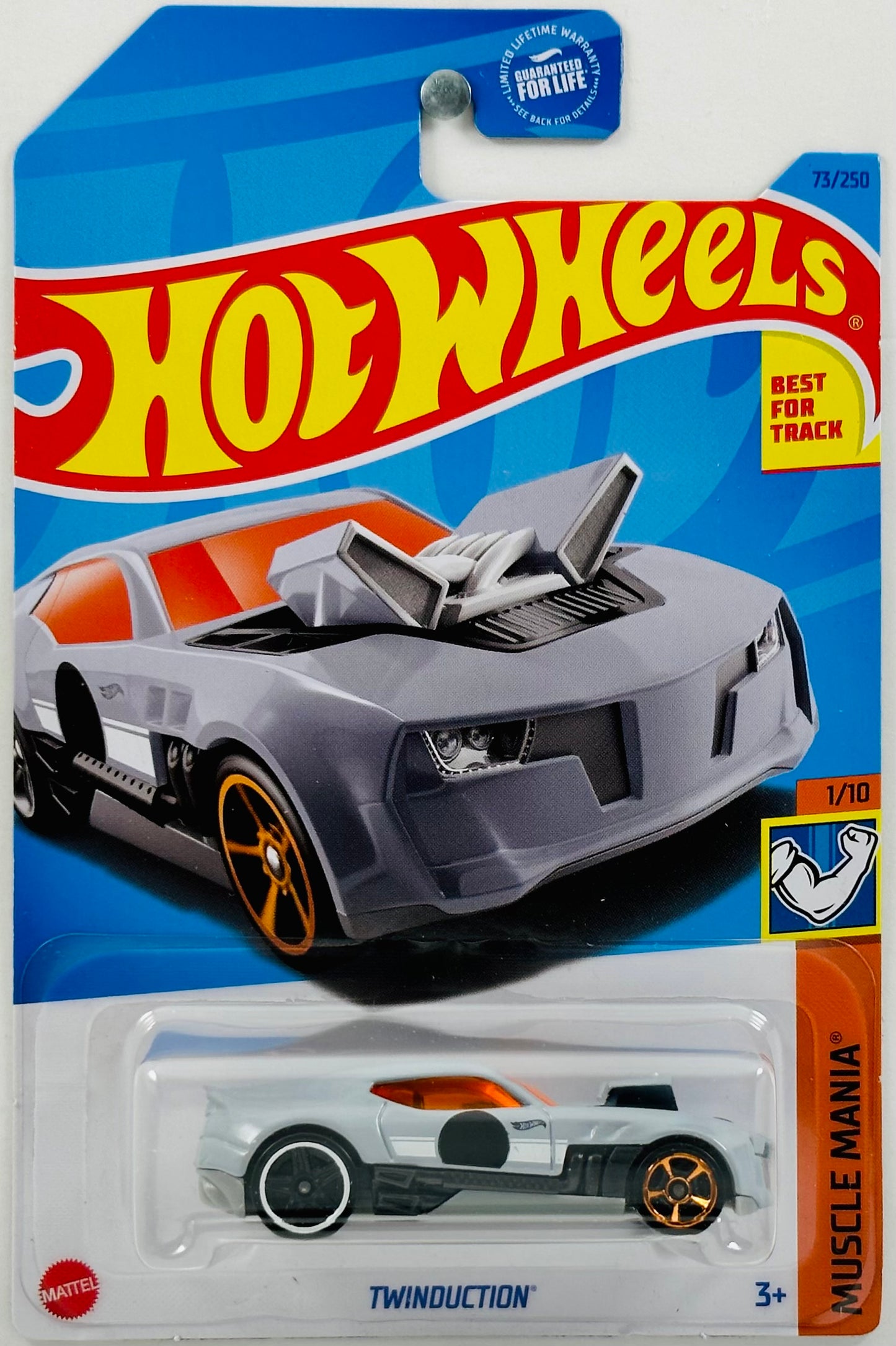 Hot Wheels 2023 - Collector # 073/250 - Muscle Mania 01/10 - Twinduction - Gray - White Stripe / Black Circle - Best for Track - USA