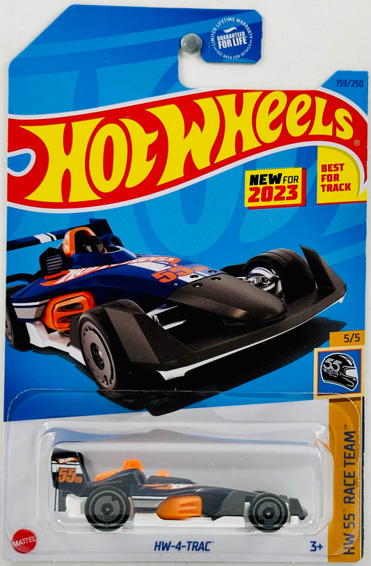 Hot Wheels 2023 - Collector # 159/250 - HW 55th Race Team 05/05 - New Models - HW-4 Trac - Dark Blue - White Stripe / 'Hot Wheels' / '55th' - Best for Track - USA