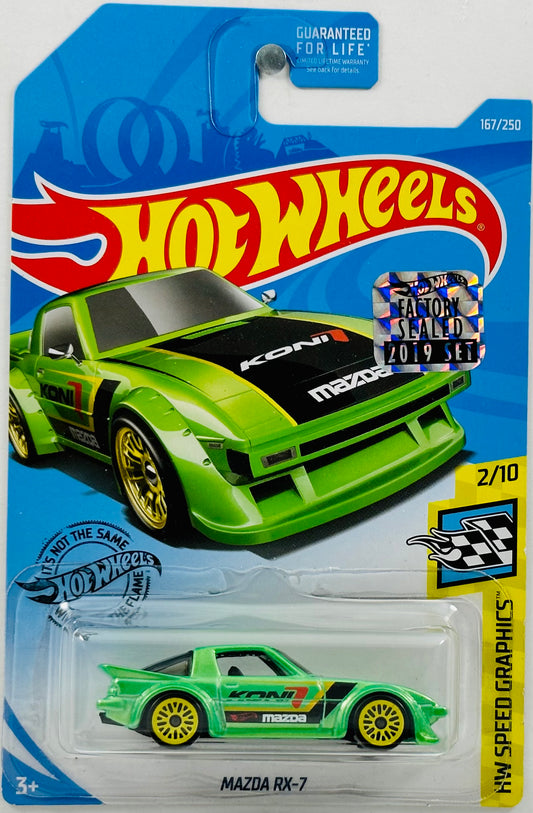 Hot Wheels 2019 - Collector # 167/250 - HW Speed Graphics 02/10 - Mazda RX-7 - Green - 'Koni' / 'Mazda' - FCS