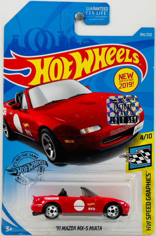 Hot Wheels 2019 - Collector # 184/250 - HW Speed Graphics 04/10 - New Models - '91 Mazda MX-5 Miata - Red - 'RYU' / White Circle on Doors - FCS