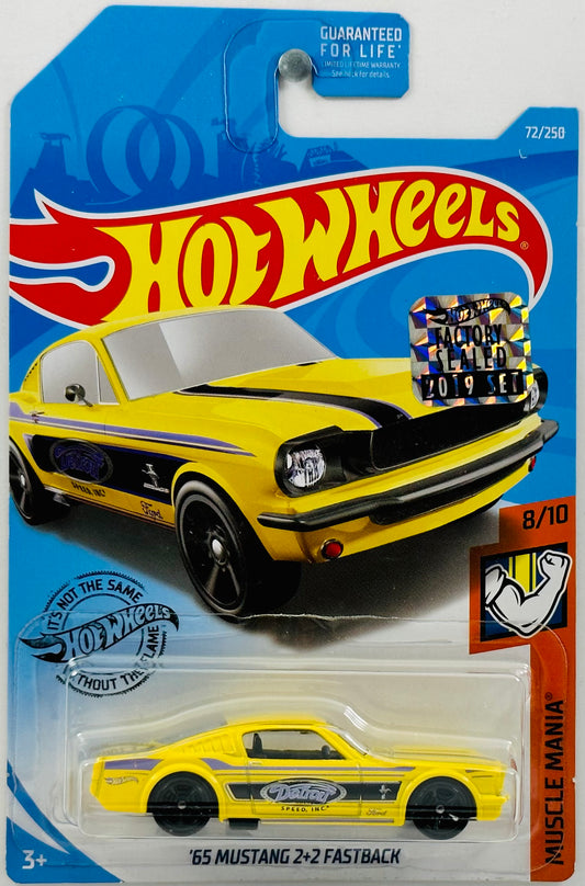 Hot Wheels 2019 - Collector # 072/250 - Muscle Mania 08/10 - '65 Mustang 2+2 Fastback - Yellow - 'Detroit Speed Inc' - FCS