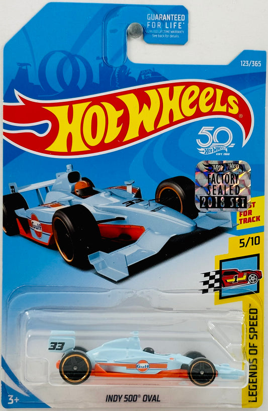 Hot Wheels 2018 - Collector # 123/365 - Legends of Speed 05/10 - Indy 500 Oval - Light Blue - Gulf Racing / '33' - Best for Track - 55th / FSC