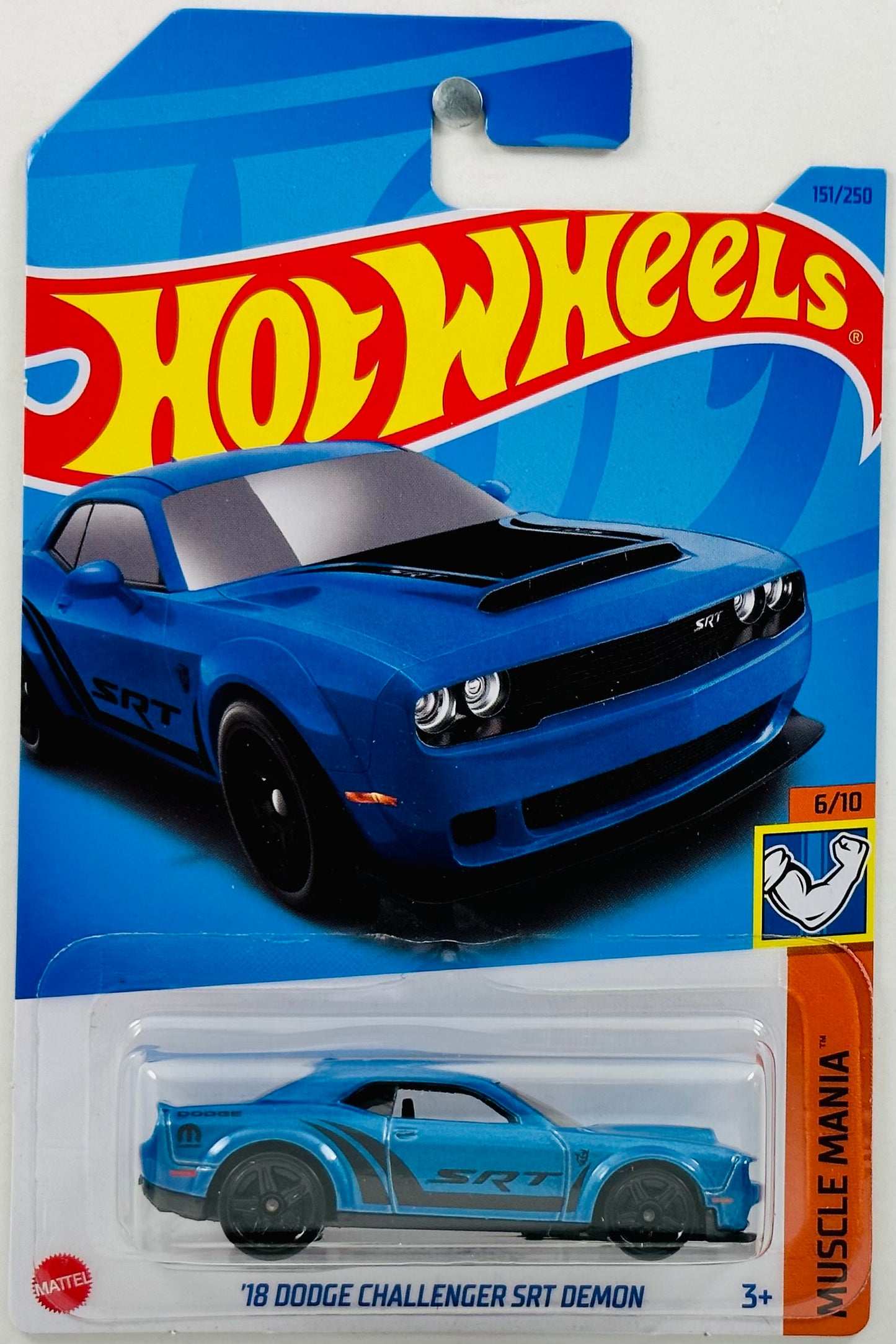 Hot Wheels 2023 - Collector # 151/250 - Muscle Mania 06/10 - '18 Dodge Challenger SRT Demon - Blue - 'SRT' & Mopar Logo - IC