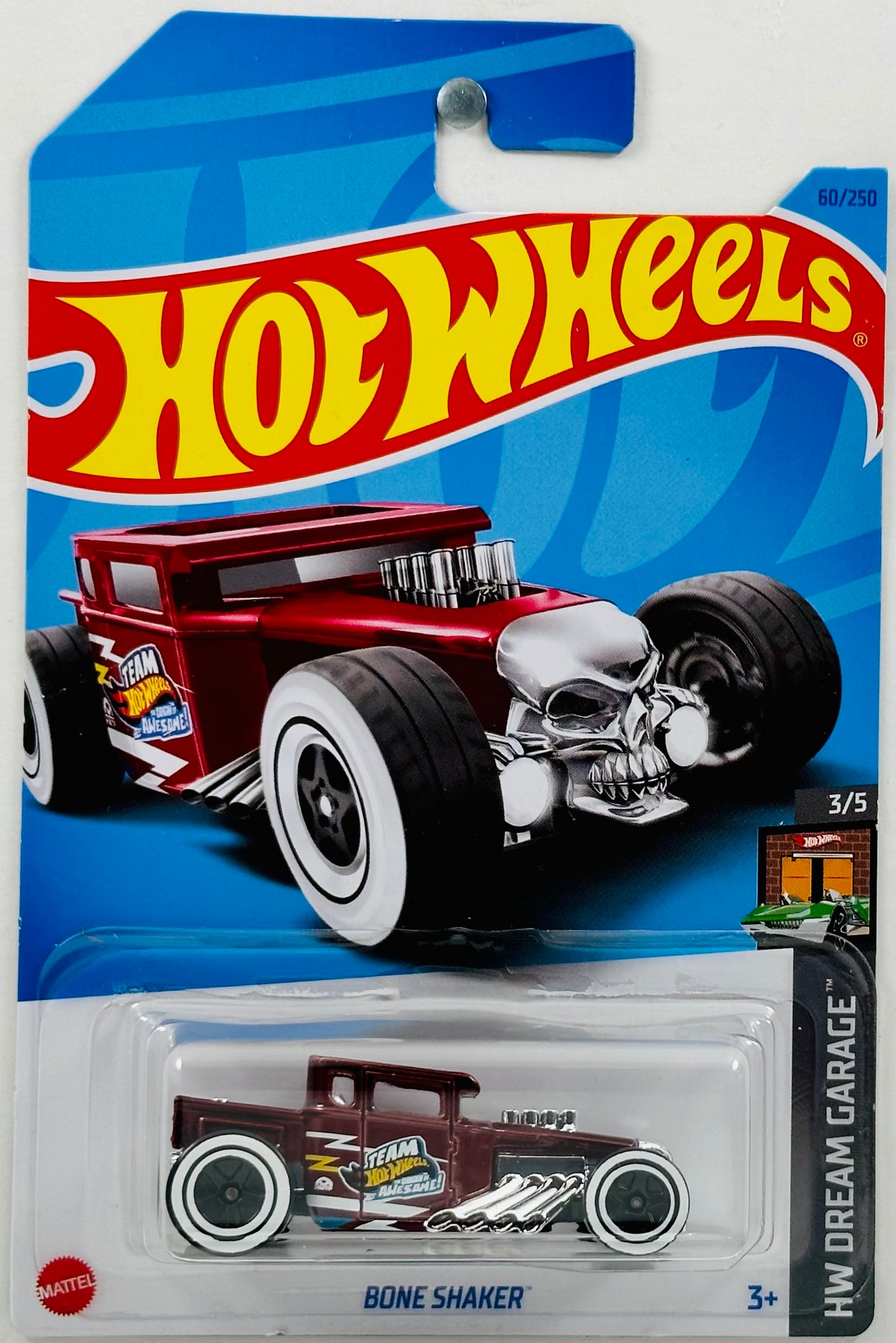 Hot Wheels 2023 - Collector # 060/250 - HW Dream Garage 03/05 - Bone Shaker - Maroon - 'Team Awesome' / White & Yellow Stipes on Sides - IC