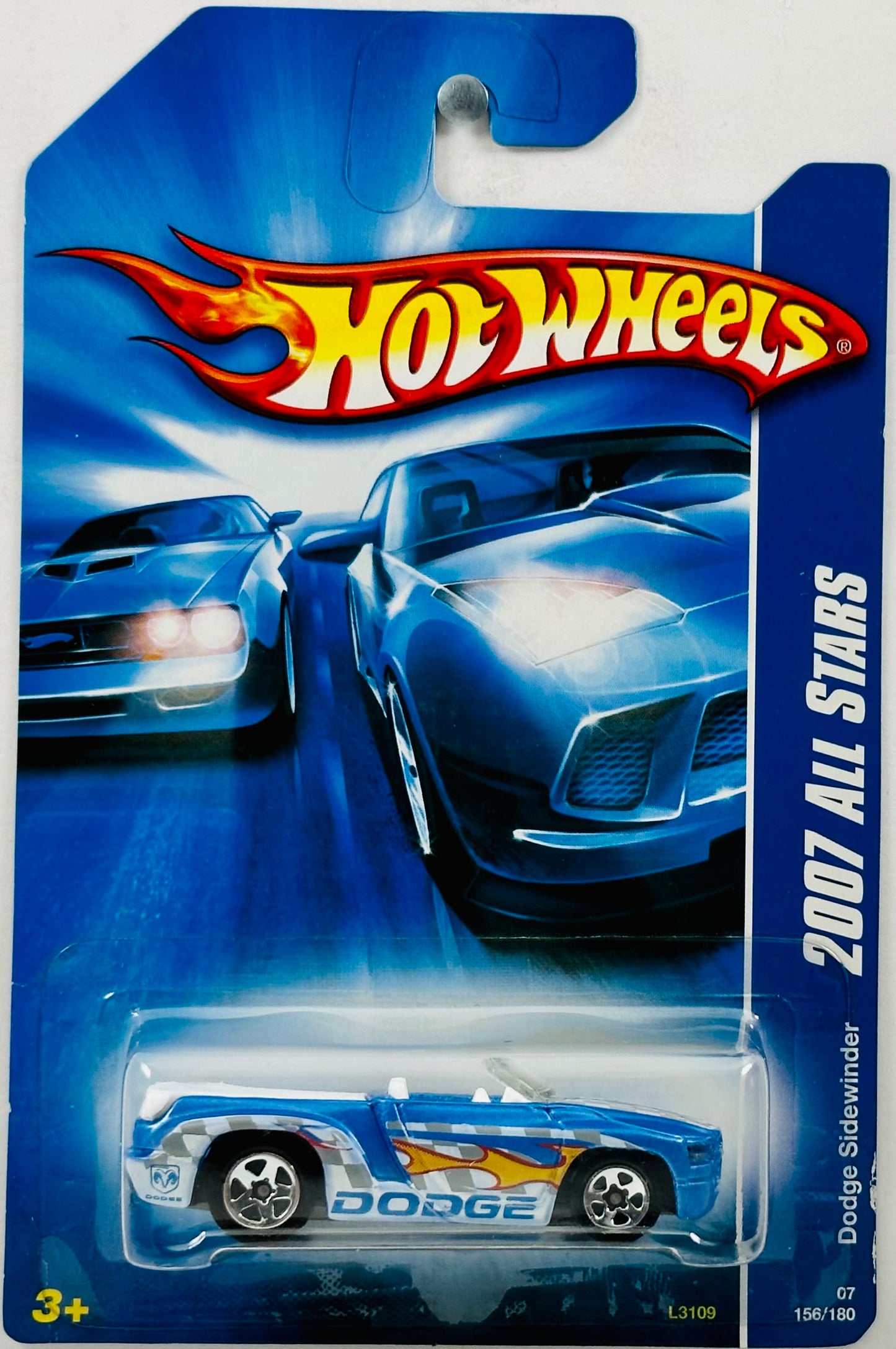 Hot Wheels 2007 - Collector # 156/180 - All Stars 24/24 - Dodge Sidewinder - Light Blue - Yellow Flame / Gray & White Checkerboard - USA