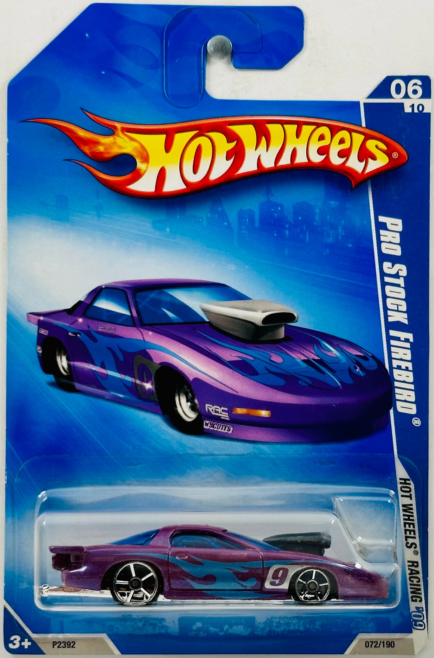 Hot Wheels 2009 - Collector # 072/190 - Hot Wheels Racing 06/10 - Pro Stock Firebird - Magenta - '9' / Blue Flames - USA