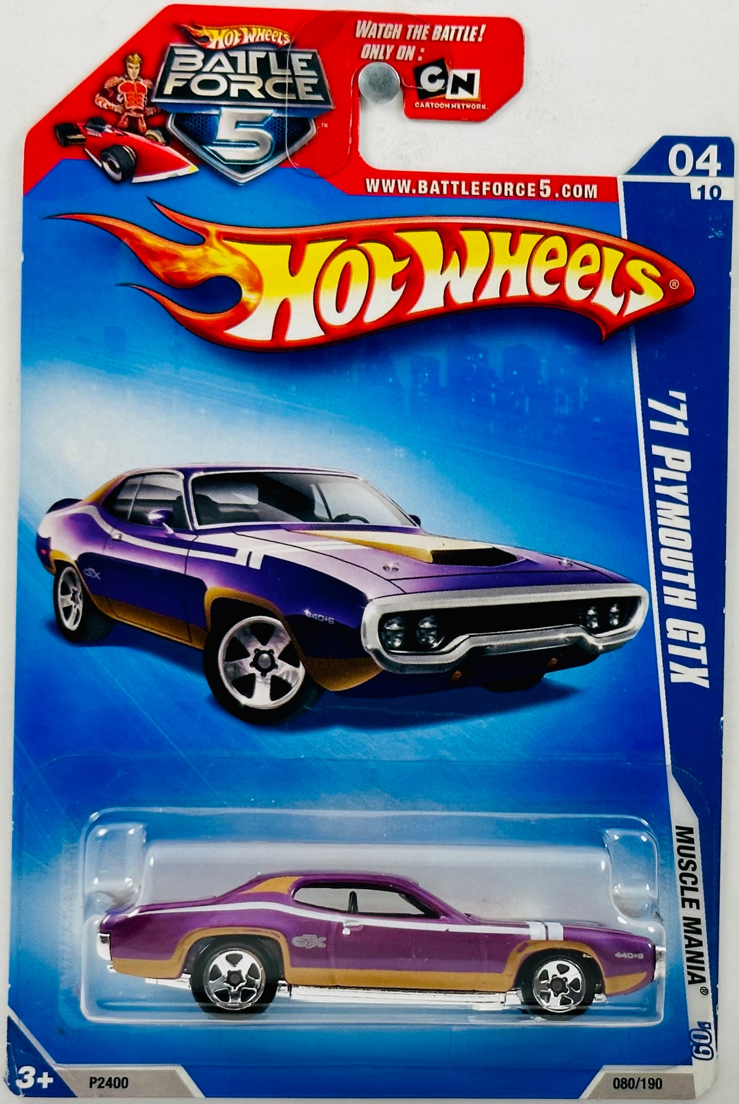 Hot Wheels 2009 - Collector # 080/190 - Muscle Mania 04/10 - '71 Plymouth GTX - Purple - White Stripes / Gold Body Panel - BF5 / USA