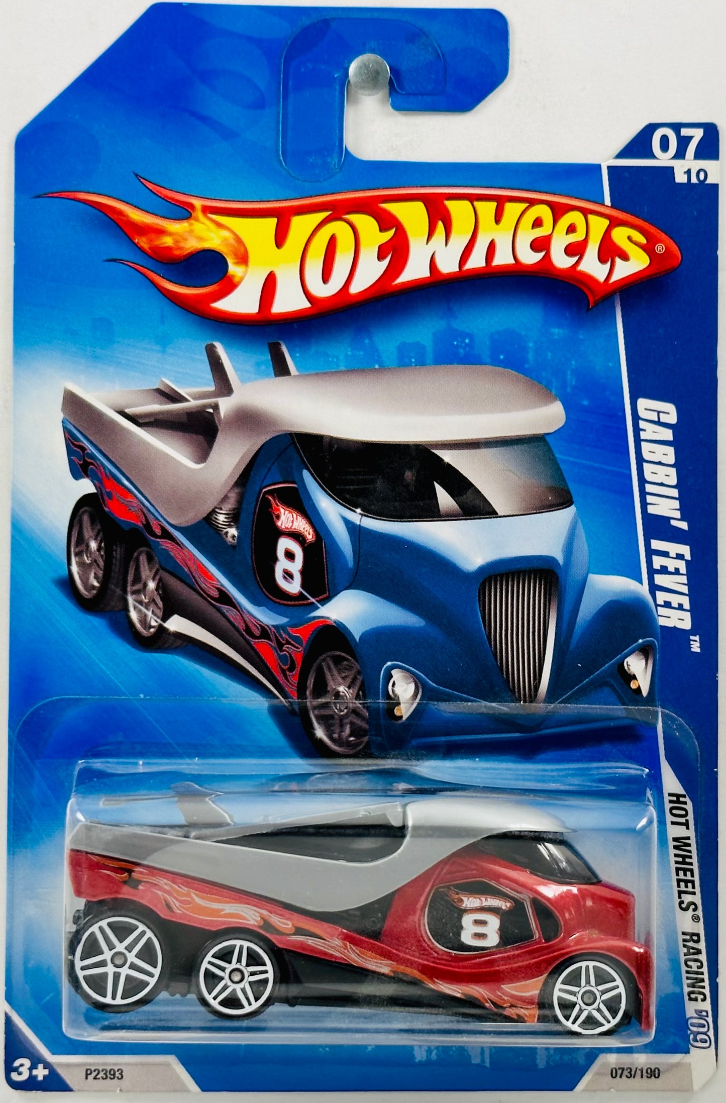 Hot Wheels 2009 - Collector # 073/190 - Hot Wheel's Racing 07/10 - Cabin' Fever - Red - '8' / Black & Sliver Flames - USA Blue Truck