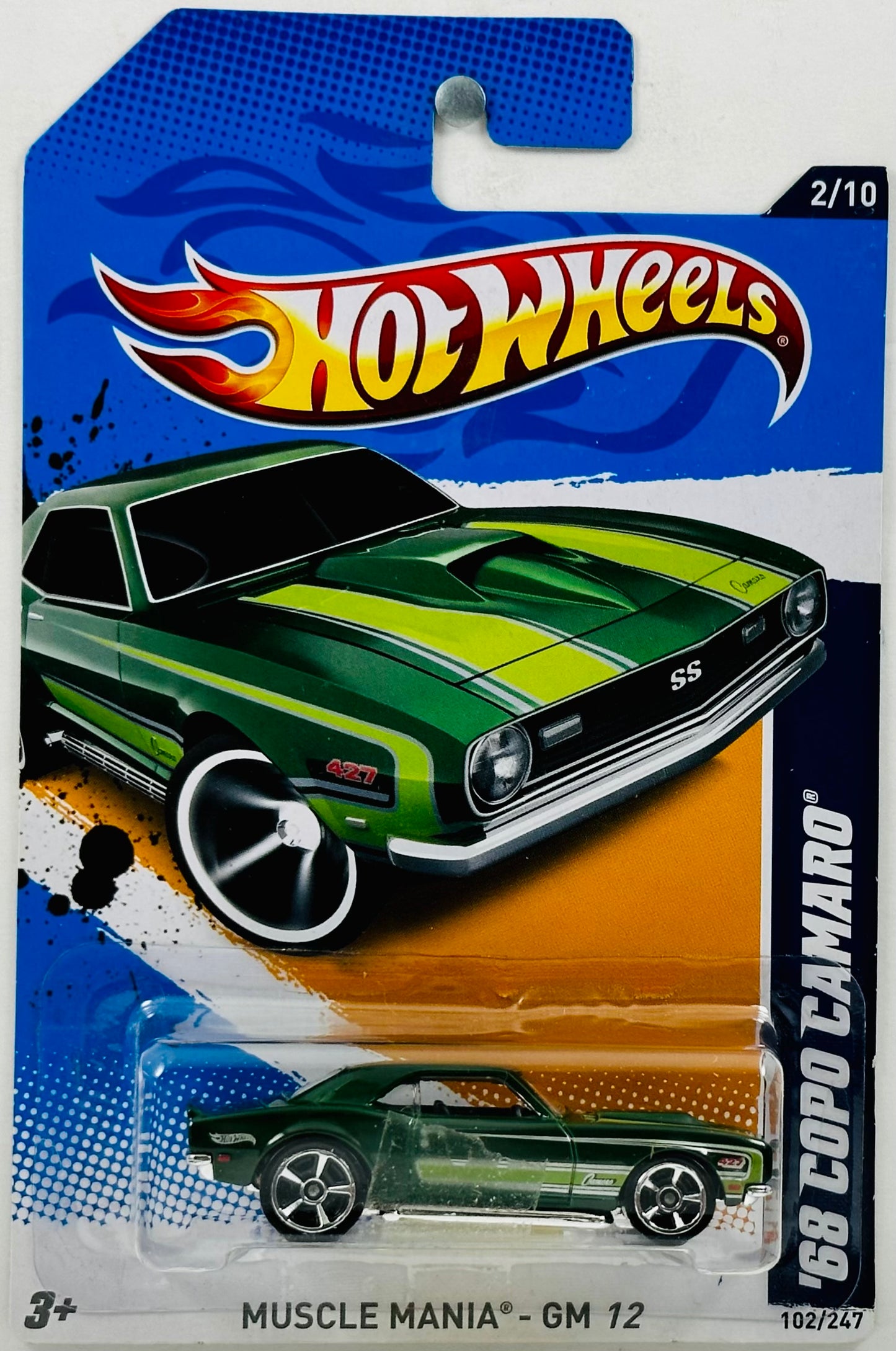 Hot Wheels 2012 - Collector # 102/247 - Muscle Mania - GM 02/10 - '68 Copo Camaro - Dark Green - Green & Sliver Stripes - IC