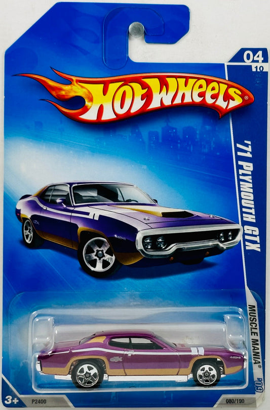 Hot Wheels 2009 - Collector # 080/190 - Muscle Mania 04/10 - '71 Plymouth GTX - Purple - White Stripes / Gold Body Panel - USA