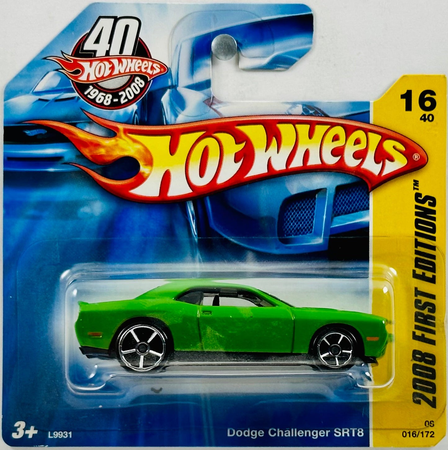 Hot Wheels 2008 - Collector # 016/172 - First Editions 16/40 - Dodge Challenger SRT8 - Green / Black Stripes on Hood - SC