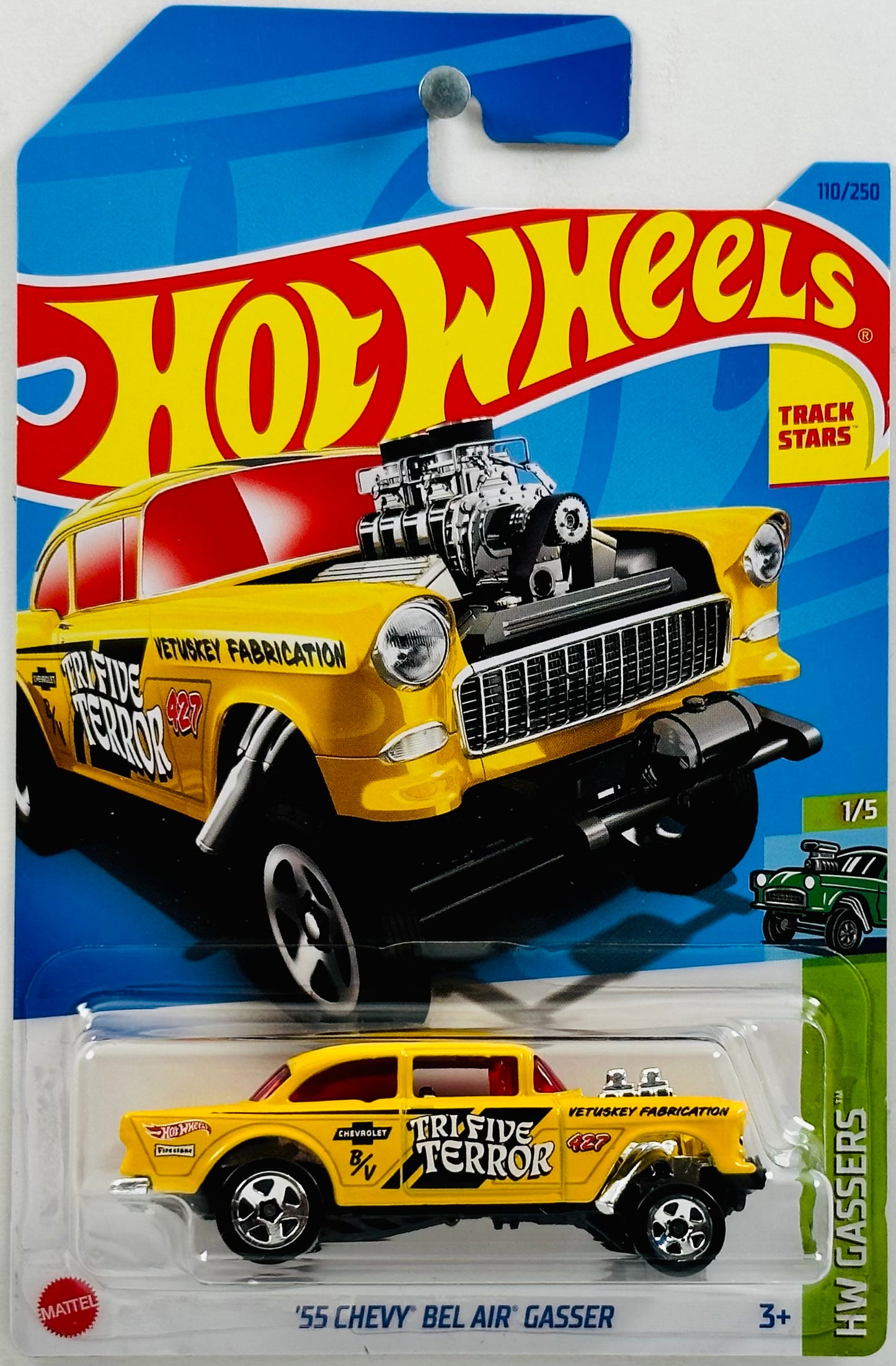Hot Wheels 2023 - Collector # 110/250 - HW Gassers 1/5 - '55 Chevy Bel Air Gasser - Yellow / Tri-Five Terror - Track Stars - IC