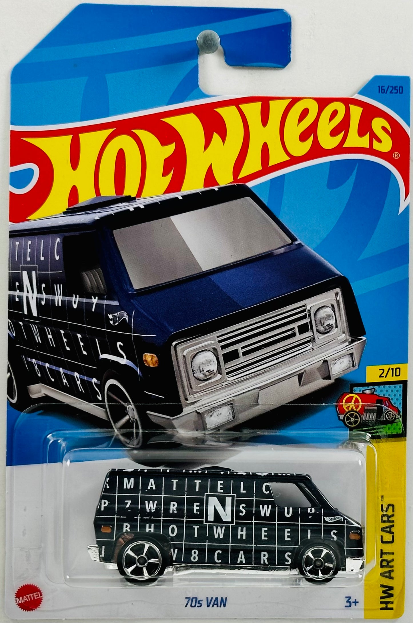 Hot Wheels 2023 - Collector # 016/250 - HW Art Cars 2/10 - 70s Van - Dark Blue / Crossword Graphics - IC