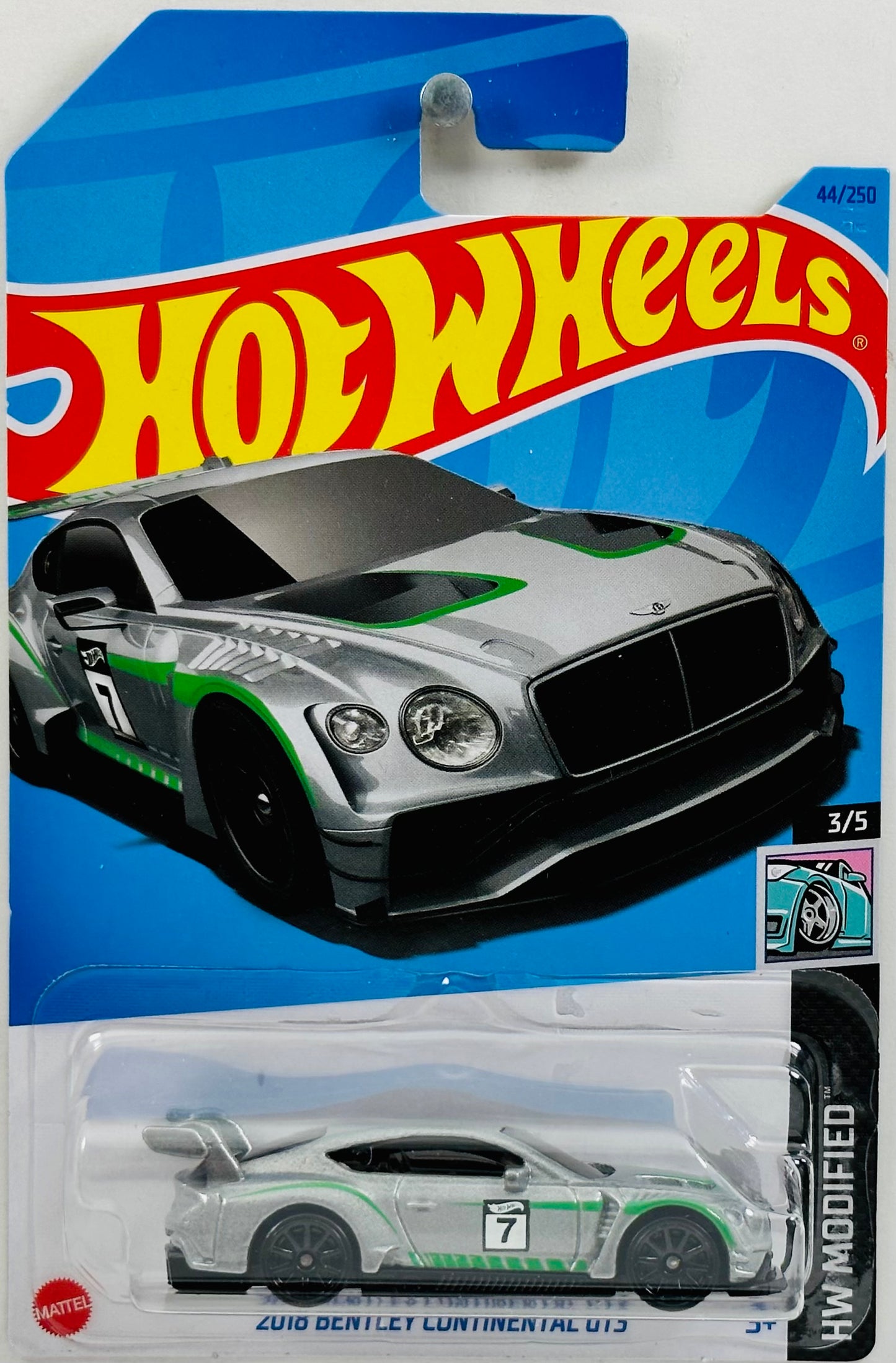 Hot Wheels 2023 - Collector # 044/250 - HW Modified 3/5 - 2018 Bentley Continental GT3 - Grey - Green Stripes / Hot Wheels "7" Graphics - IC