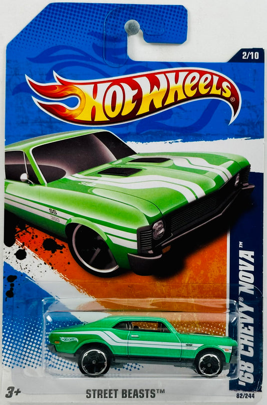 Hot Wheels 2011 - Collector # 082/244 - Street Beasts 02/10 - '68 Chevy Nova - Satin Anodized Green - '350' / White Stripes - USA