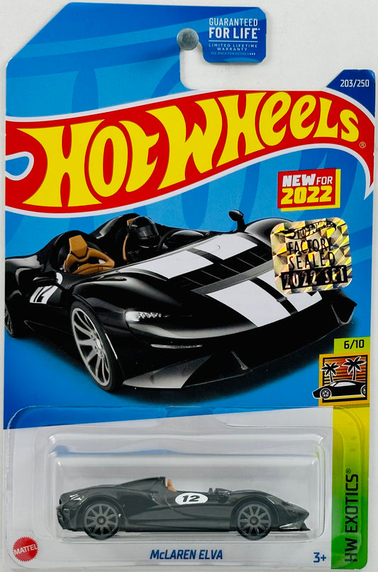 Hot Wheels 2022 - Collector # 203/250 - HW Exotics 6/10 - New Models - McLaren Elva - Black / '12' / White Stripes - 10 Spokes - FSC
