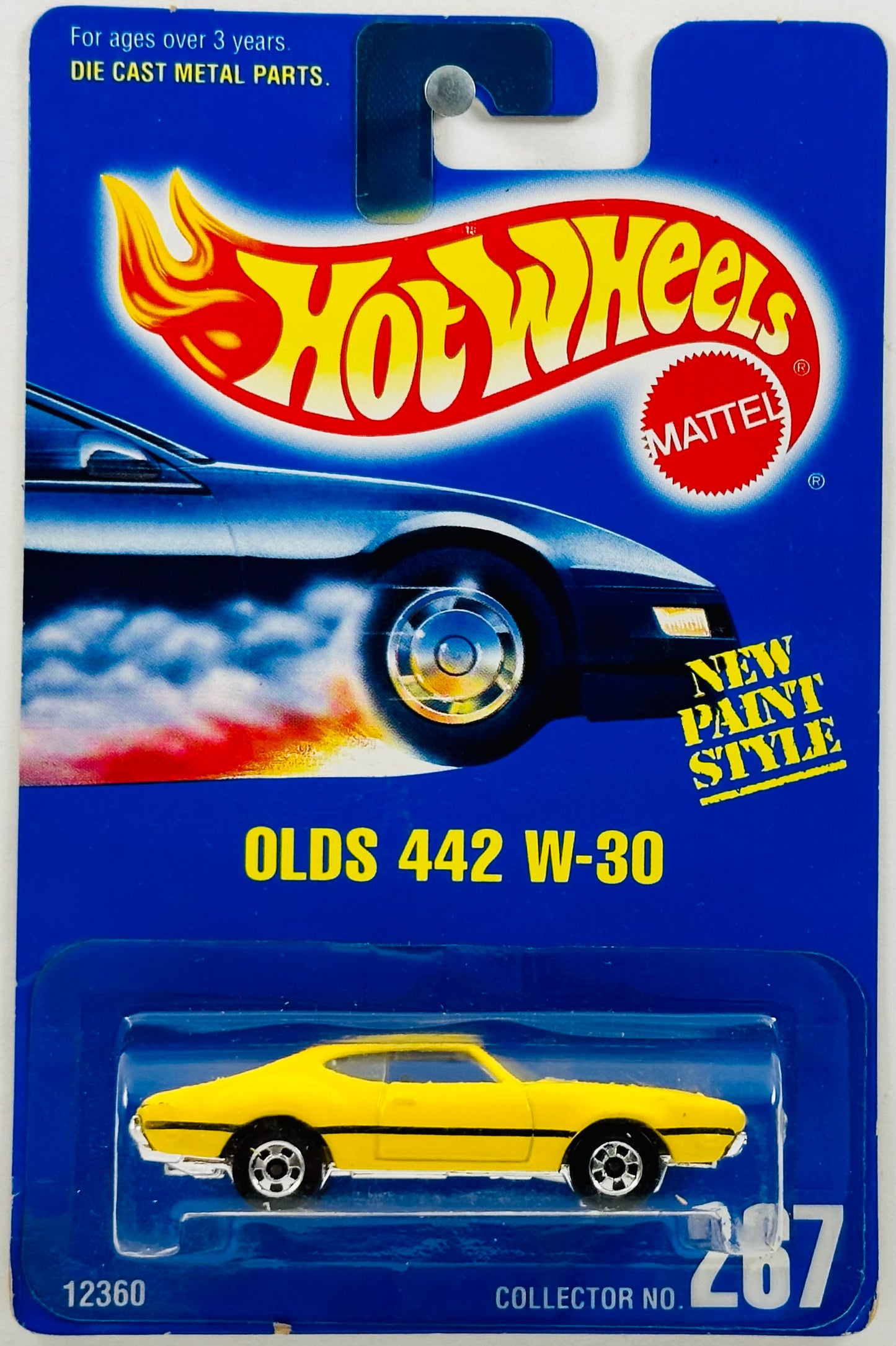Hot Wheels 1995 - Collector # 267 - New Paint Style - Olds 442 W-30 - Yellow - BW - Chrome Base - USA Blue Card
