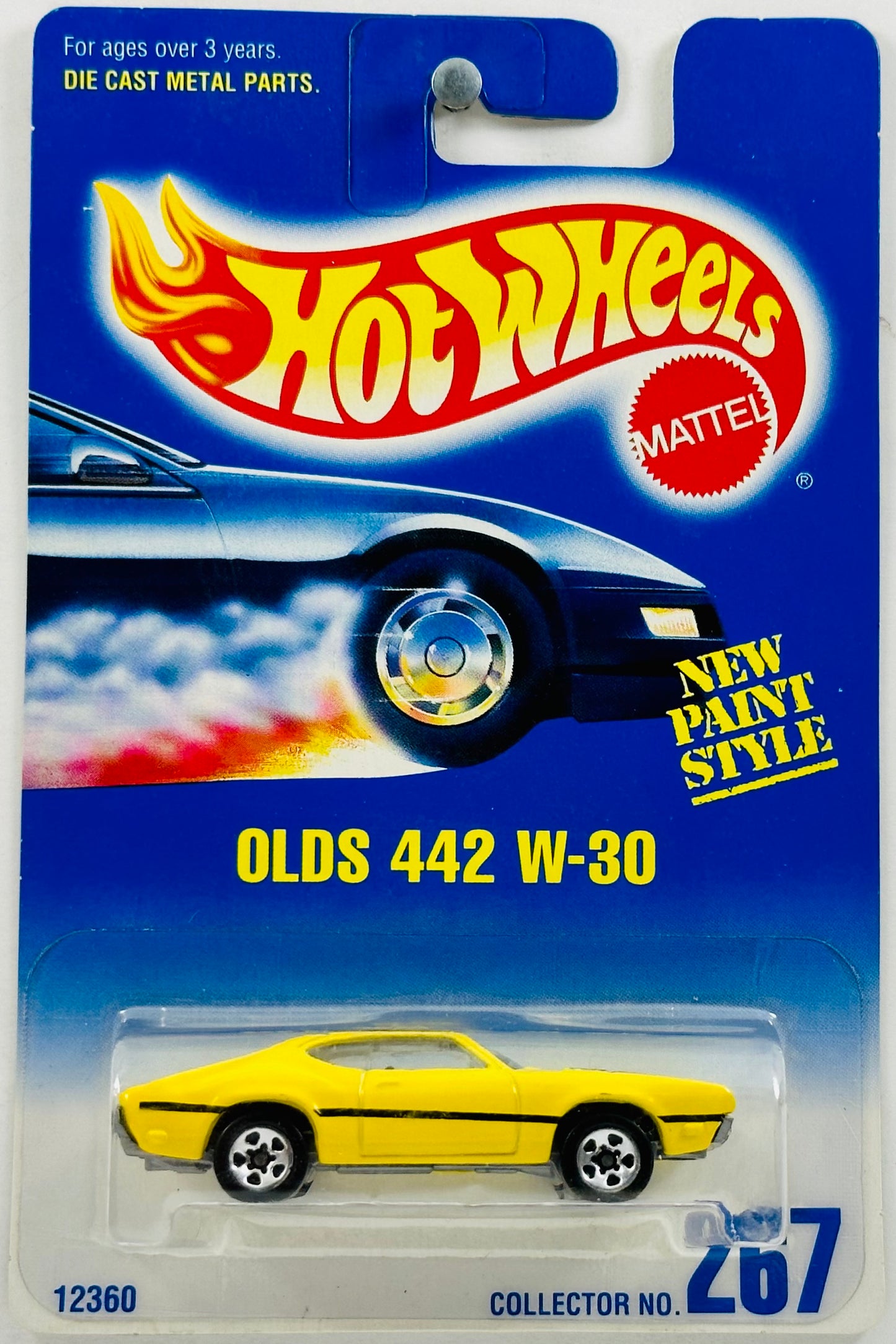 Hot Wheels 1995 - Collector # 267 - New Paint Style - Olds 442 W-30 - Yellow - 5 Spokes - Grey Base - USA Blue & White Card