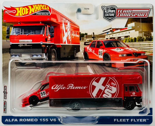 Hot Wheels 2023 - Premium / Car Culture / Team Transport # 53 - Alfa Romeo 155 V6 Ti, & Fleet Flyer - Red - Metal/Metal & Real Riders