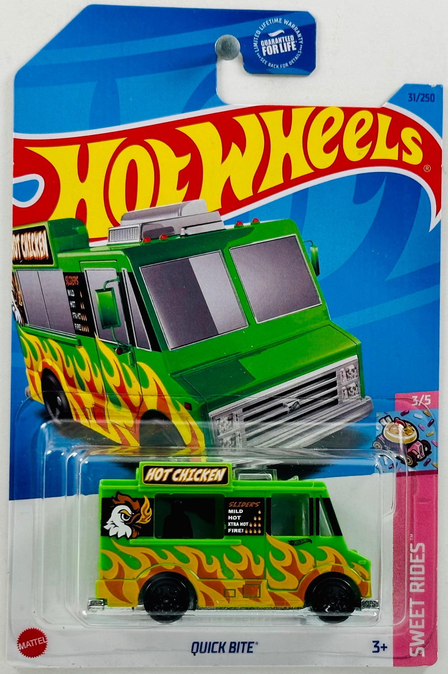 Hot Wheels 2023 - Collector # 031/250 - Sweet Rides 3/5 - Quick Bite - Green / Flames & 'Hot Chicken' - USA