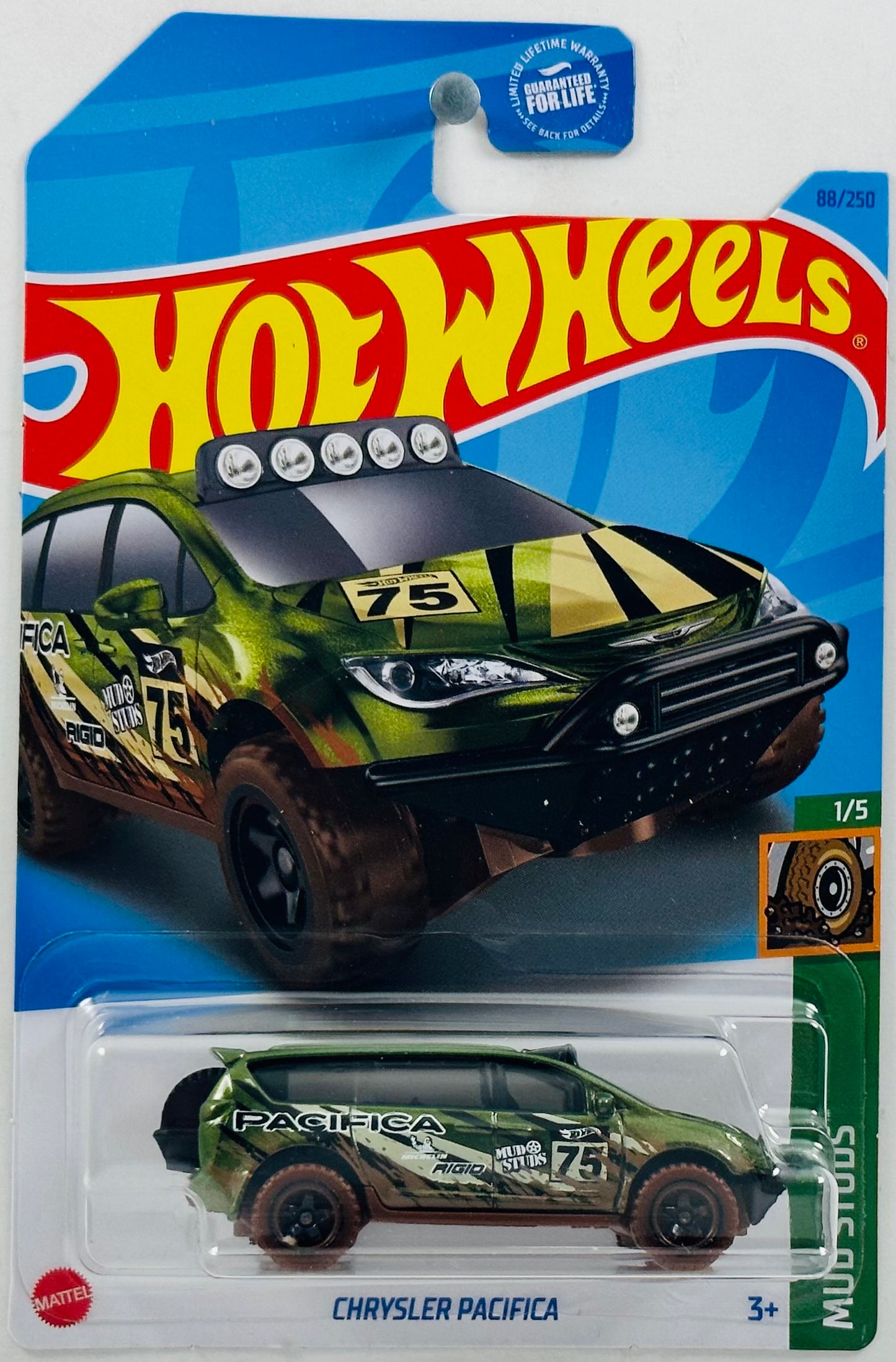 Hot Wheels 2023 - Collector # 088/250 - Mud Studs 01/05 - Chrysler Pacifica - Mud Green - #75 / Mud Splatter / Black & Cream Stripes - USA