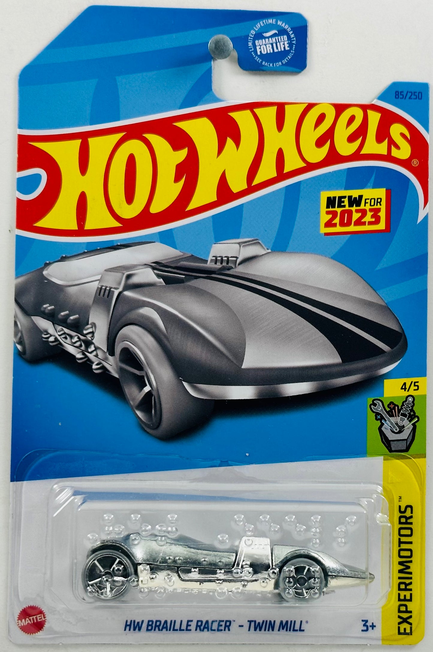 Hot Wheels 2023 - Collector # 085/250 - Experimotors 04/05 - New Models - HW Braille Racer - Twin Mill - ZAMAC - Gray Racing Stripes - USA