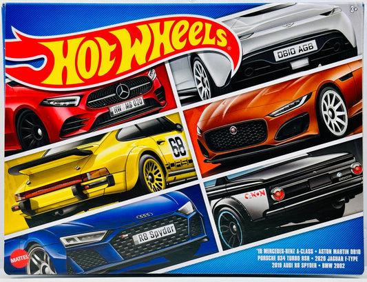 Hot Wheels 2023 - Euro 6 Pack Box Set - '19 Mercedes Benz A-Class, Aston Martin DB10, Porsche 934 Turbo RSR, 2020 Jaguar F-Type, 2019 Audi R8 Spyder & BMW 2002