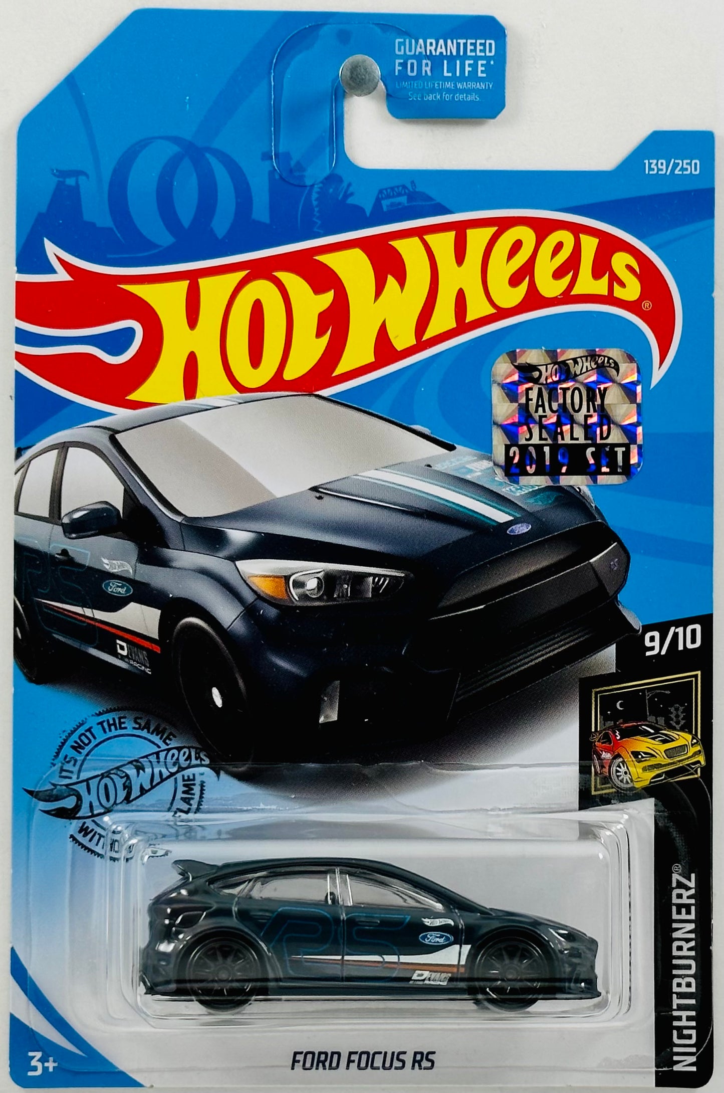 Hot Wheels 2019 - Collector # 139/250 - Nightburnerz 09/10 - Ford Focus RS - Dark Gray - White, Orange & Blue Stripes - Gray 10SP Wheels - FSC