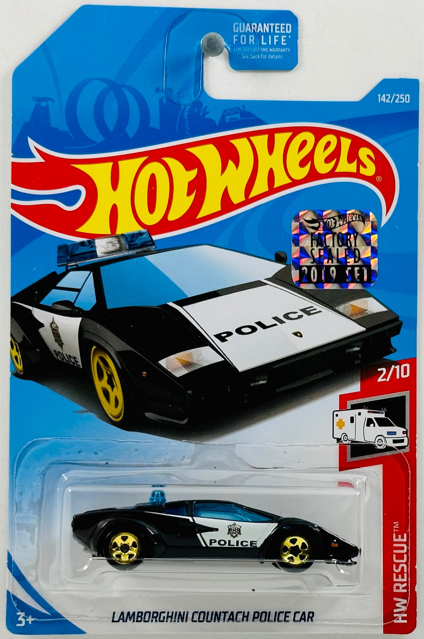 Hot Wheels 2019 - Collector # 142/250 - HW Rescue 02/10 - Lamborghini Countach Police Car - Black - FSC