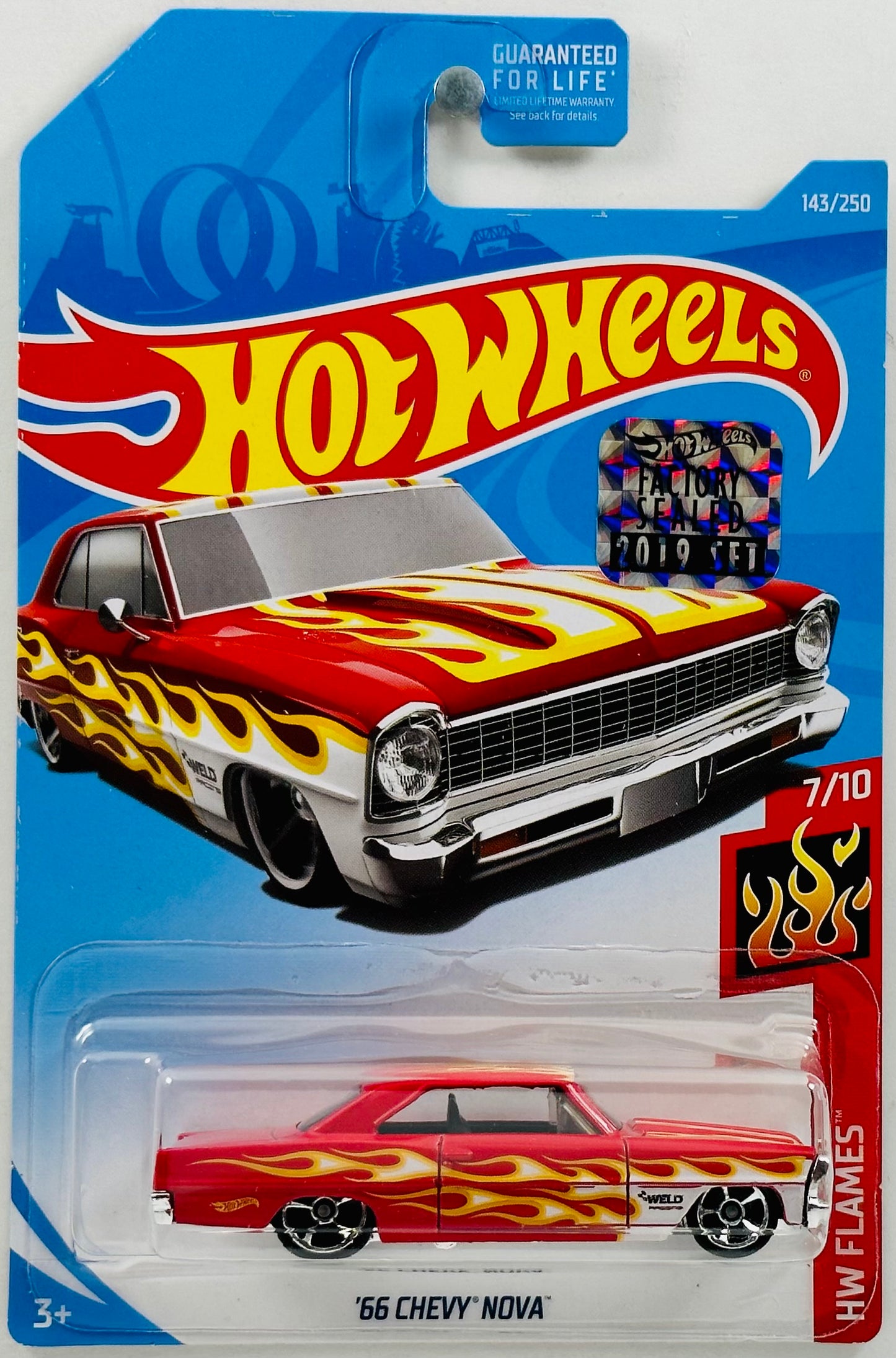 Hot Wheels 2019 - Collector # 143/250 - HW Flames 7/10 - '66 Chevy Nova - Red - FSC