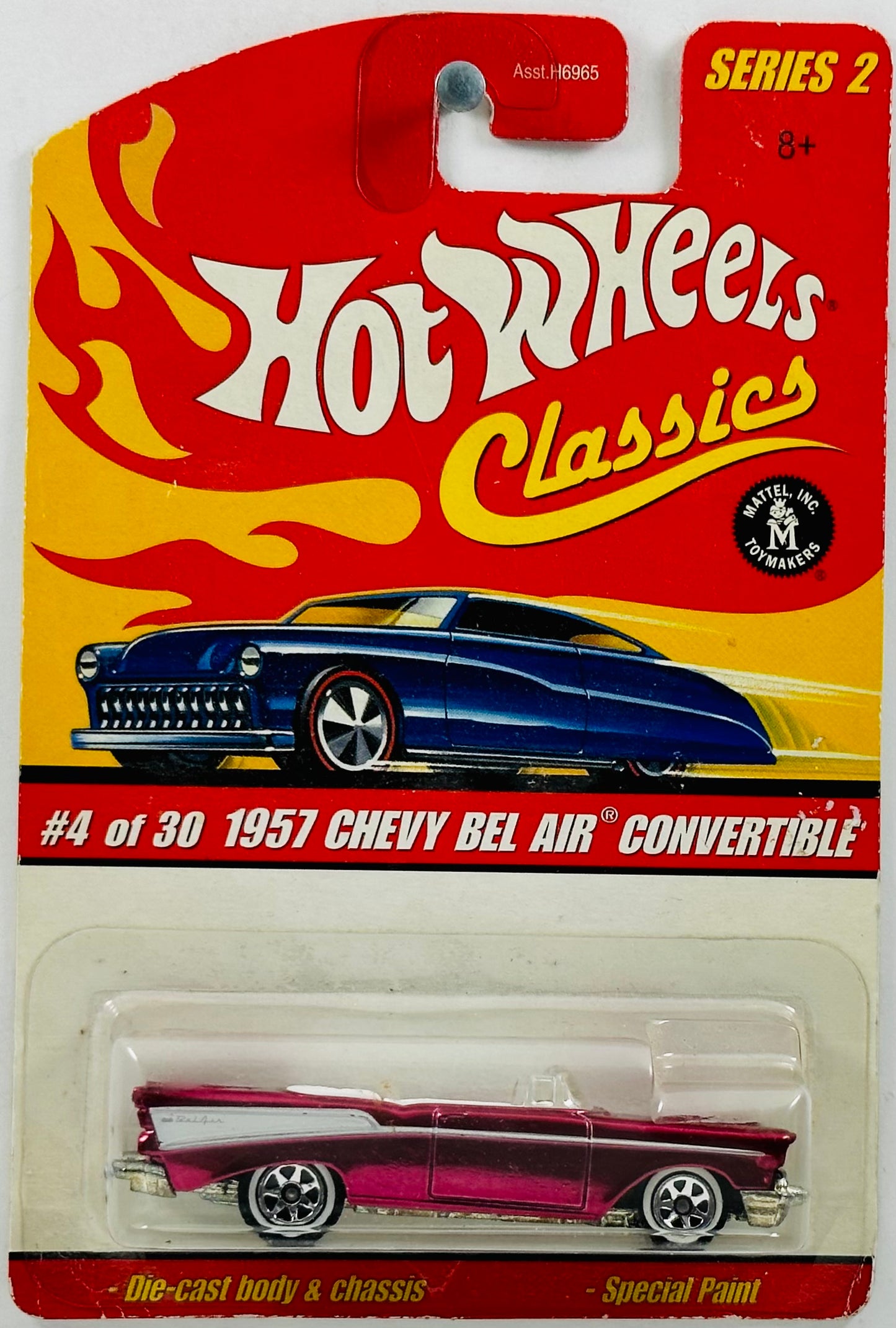 Hot Wheels 2006 - Classics Series 2 # 04/30 - 1957 Chevy Bel Air Convertible - Spectraflame Magenta - Sliver Stripe / White Rear Quater Panel - 7 Spokes with White Lines - Metal/Metal