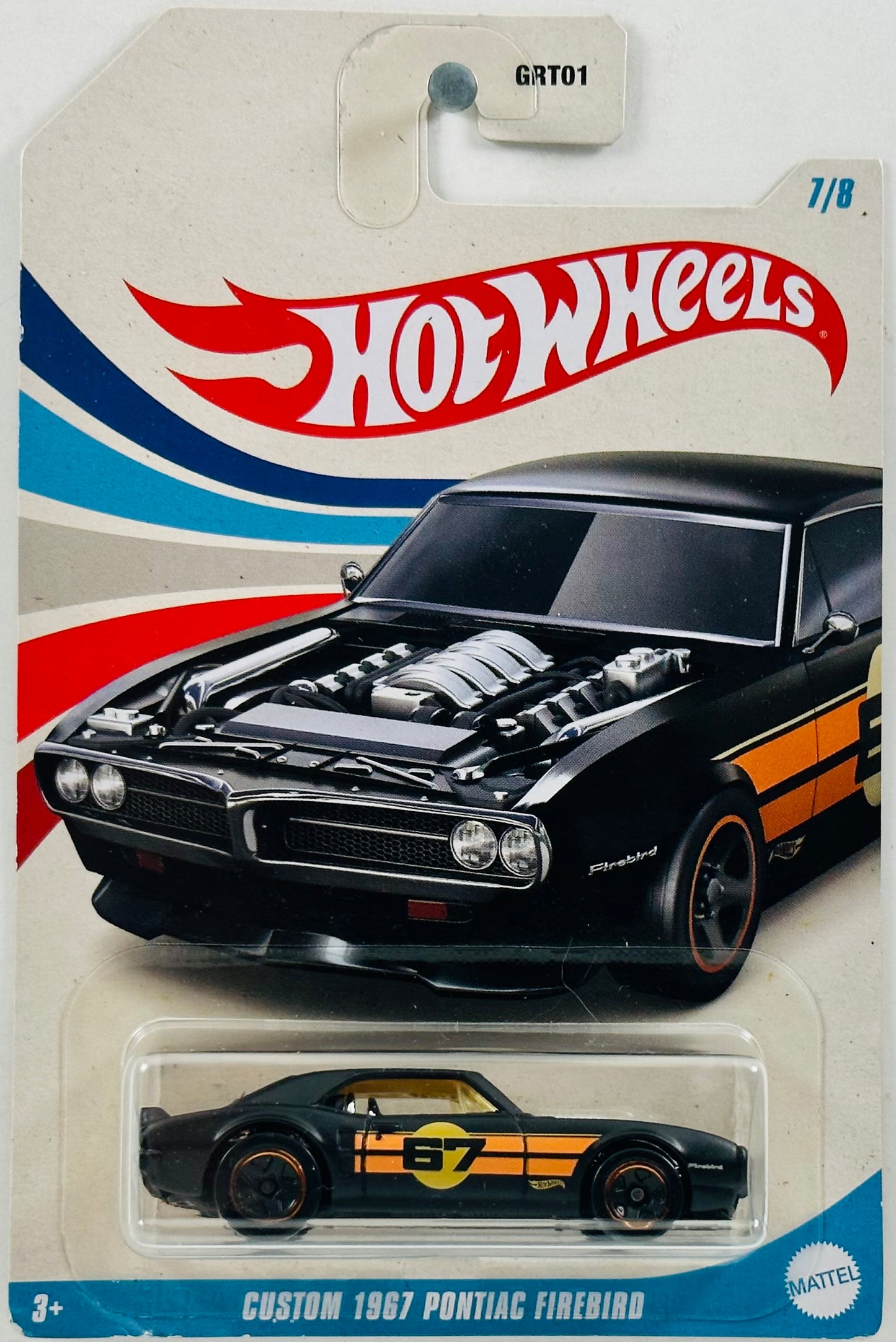 Hot Wheels 2023 - American Steel 07/08 - Custom 1967 Pontiac Firebird - Matte Black - '67' / Orange Stripes - 5SP Wheels - Walmart Exclusive