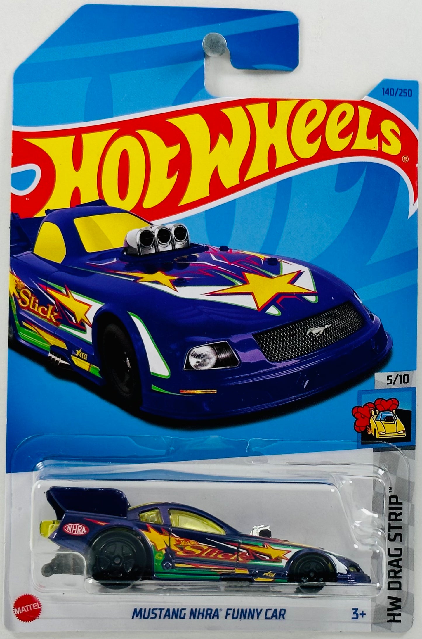 Hot Wheels 2023 - Collector # 140/250 - HW Drag Strip 05/10 - Mustang NHRA Funny Car - Purple - 'Slick' / Yellow Stars - IC
