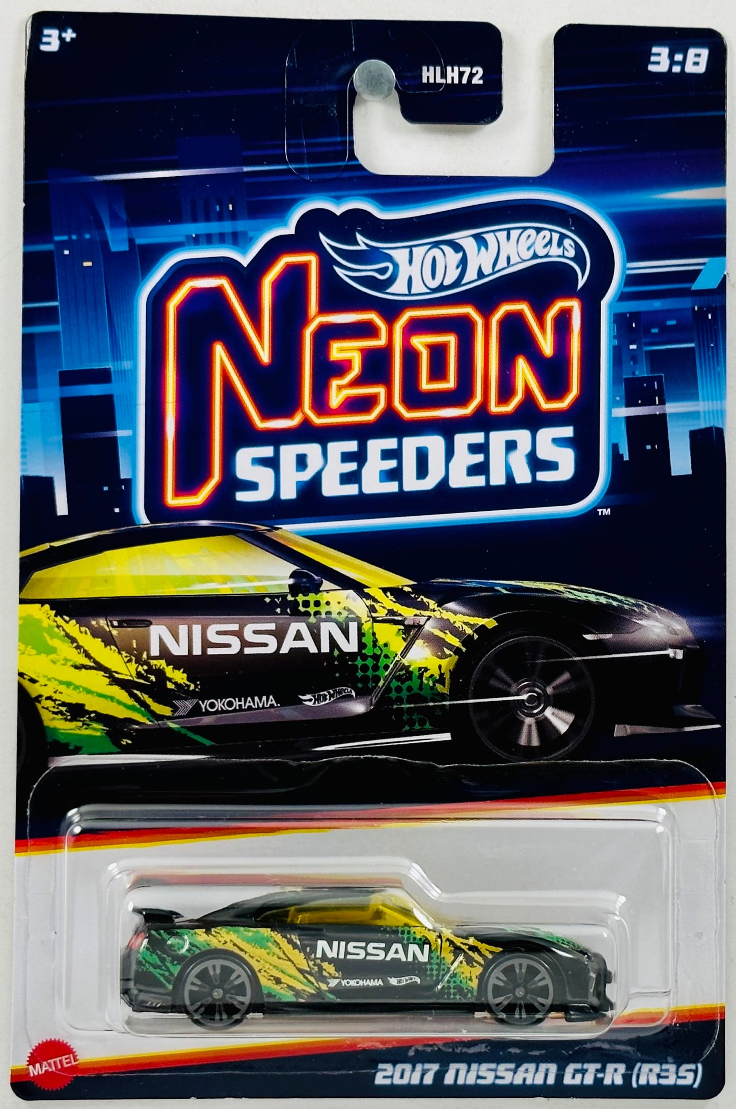 Hot Wheels 2023 - Neon Speeders 03/08 - 2017 Nissan GTR (R35) - Black - 'Nissan' / Neon Green & Yellow Paint / Black Stripes - Walmart Exclusive