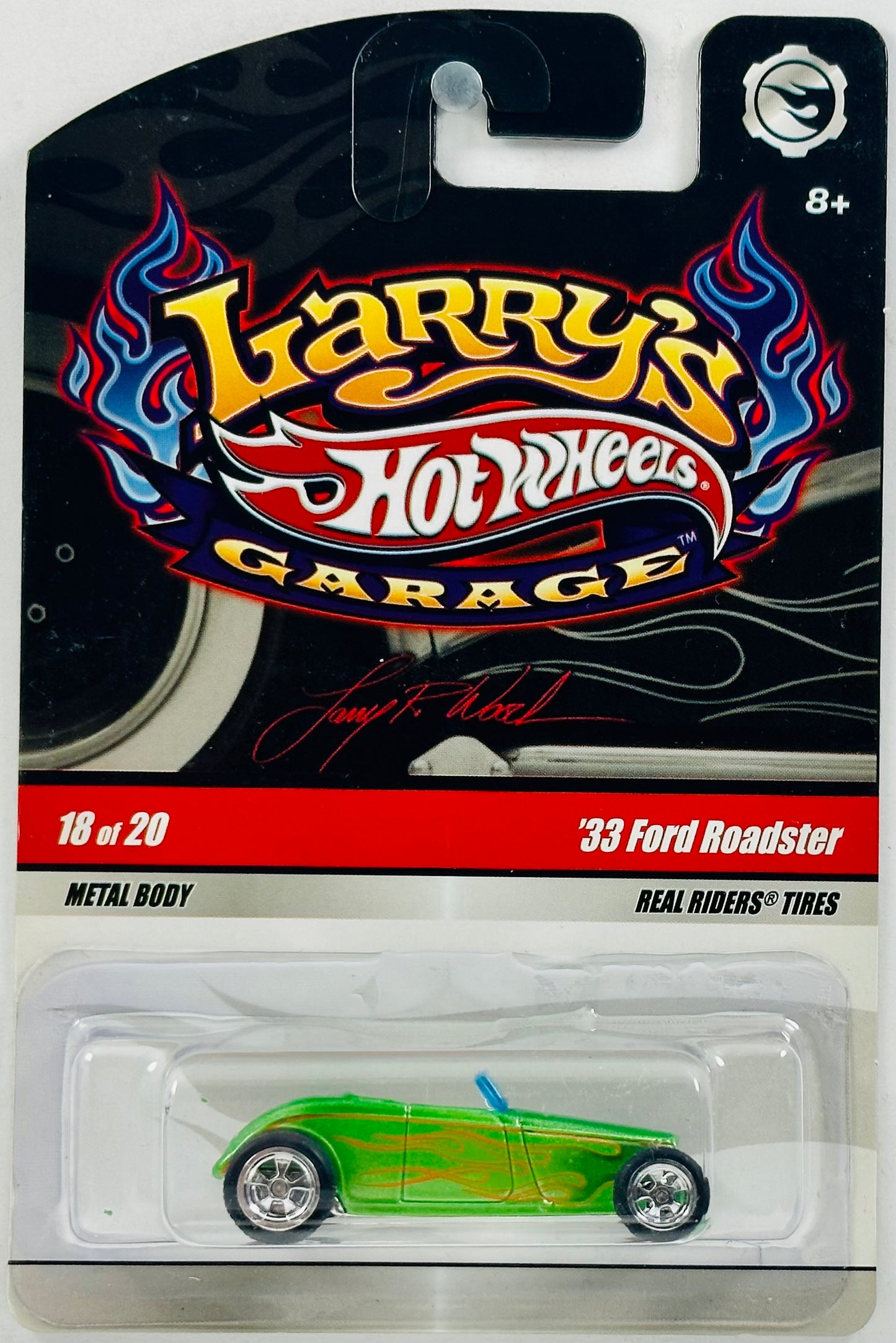 Hot Wheels 2009 - Larry's Garage 18/20 - '33 Ford Roadster - Metallic Green - Metal Body & Real Riders - Larry's Blister Card