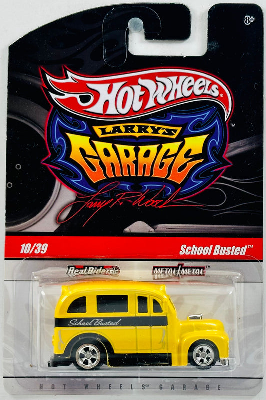 Hot Wheels 2010 - Larry's Garage 10/39 - School Busted - Metallic Yellow - Metal/Metal & Real Riders - Larry's Blister Card