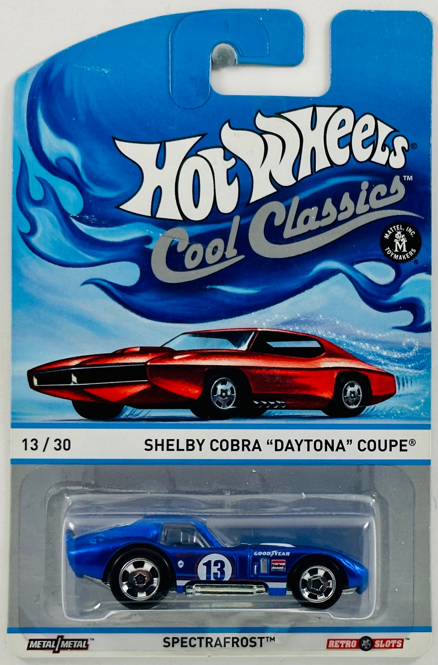 Hot Wheels 2013 - Cool Classics 13/30 - Shelby Cobra "Daytona" Coupe - Spectrafrost Blue - Metal/Metal & Retro Slots - Red Car Card