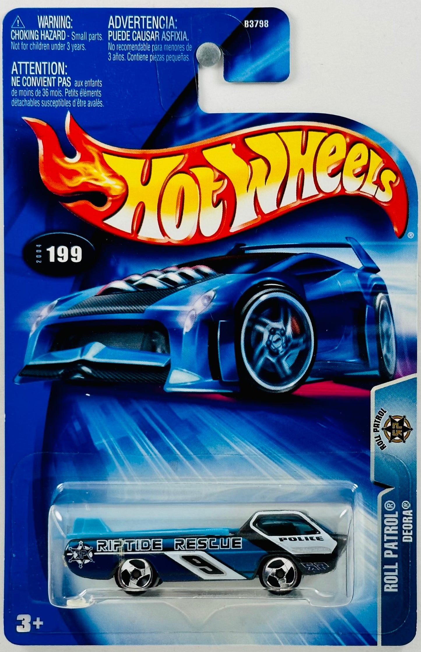 Hot Wheels 2004 - Collector # 199/212 - Roll Patrol - Deora - Black - '9' / 'Riptide Rescue' - 3 Spoke Wheels - 2 Blue Surfboards - USA New Card
