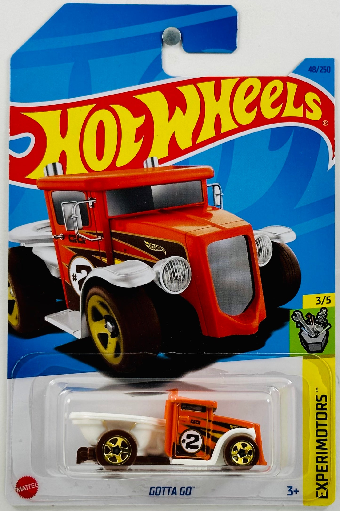 Hot Wheels 2023 - Collector # 048/250 - Experimortors 03/05 - Gotta Go - Orange - '#2' - 5 Spoke - SPECIAL FEATURE / Back Lid Up/Down Movement - IC