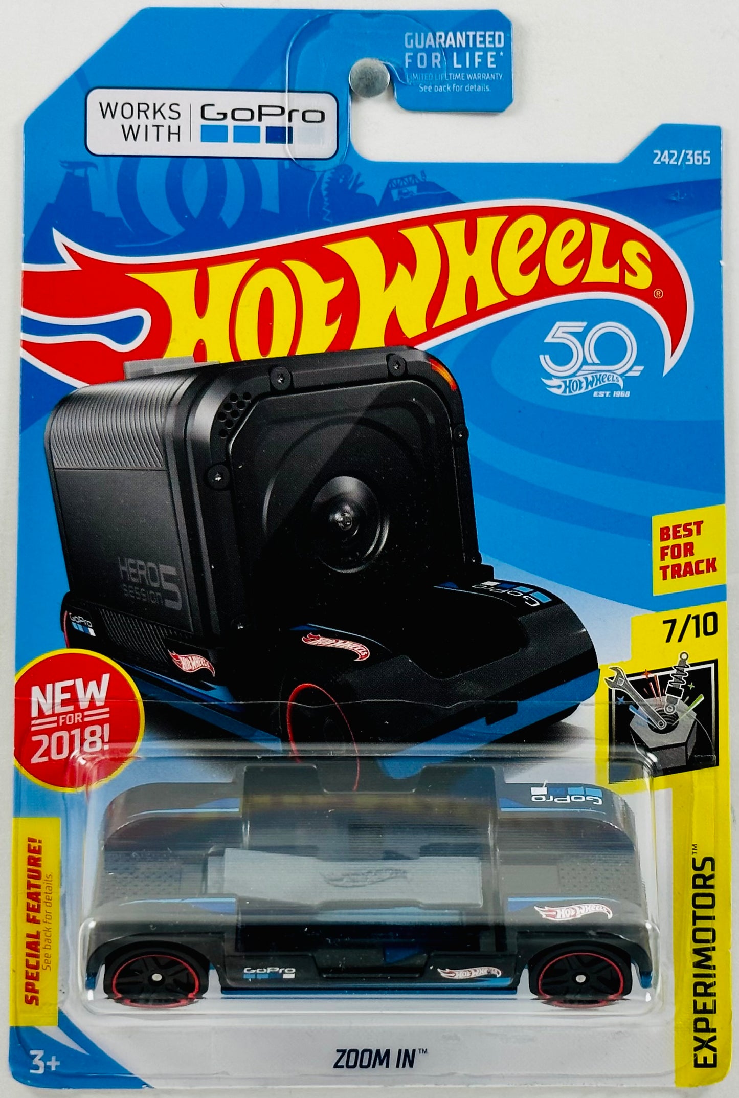 Hot Wheels 2018 - Collector # 242/365 - Experimotors 07/10 - New Models - Zoom In - Black - Works With Go Pro - USA 50th Card