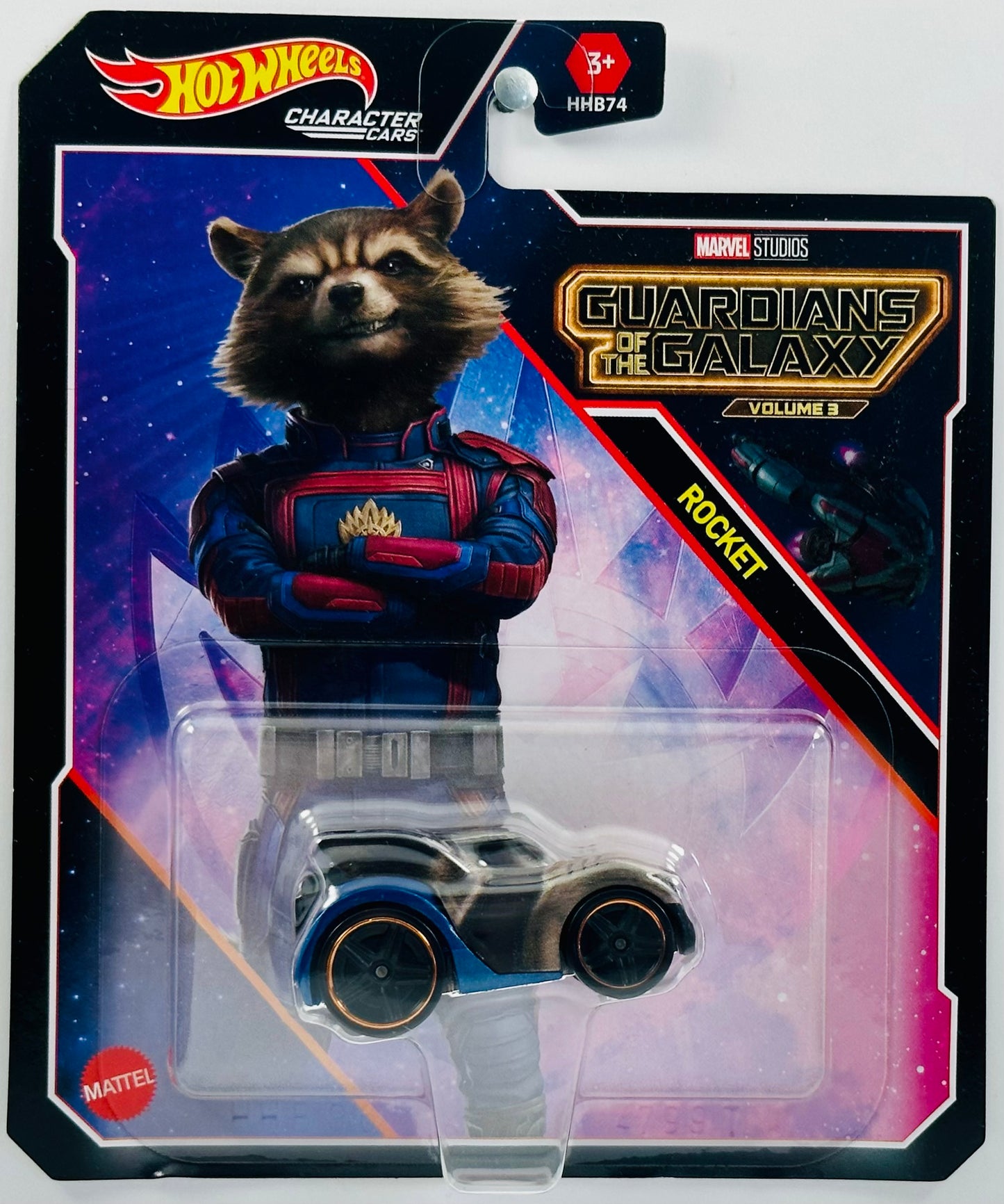 Hot Wheels 2023 - Character Cars / Marvel - Guardians of The Galaxy: Volume 3 - Rocket - Flat Brown & Metalflake Blue - Large Blister Card