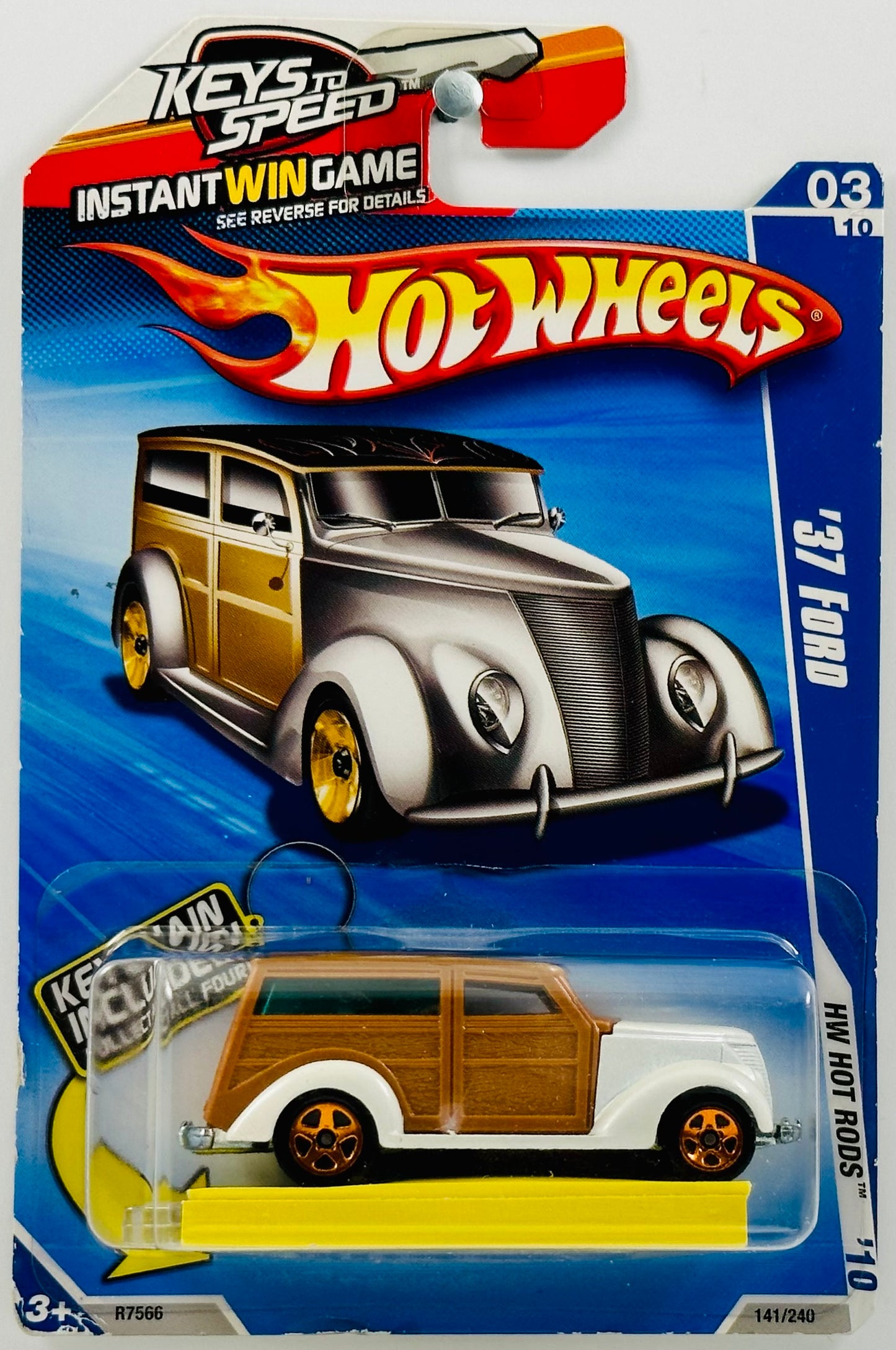 Hot Wheels 2010 - Collector # 141/240 - HW Hot Rods 03/10 - '37 Ford - Metallic White & Brown - Keychain Included - USA Keys To Speed Card