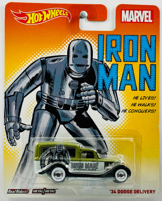 Hot Wheels 2014 - Pop Culture: Marvel - '34 Dodge Delivery - Green - Iron Man - Metal/Metal & Real Riders - Large Blister Card