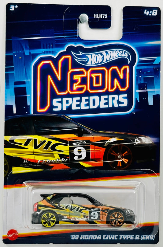 Hot Wheels 2023 - Neon Speeders 04/08 - '99 Honda Civic Type R (EK9) - Starlight Black - Neon Orange & Yellow Paint - Walmart Exclusive