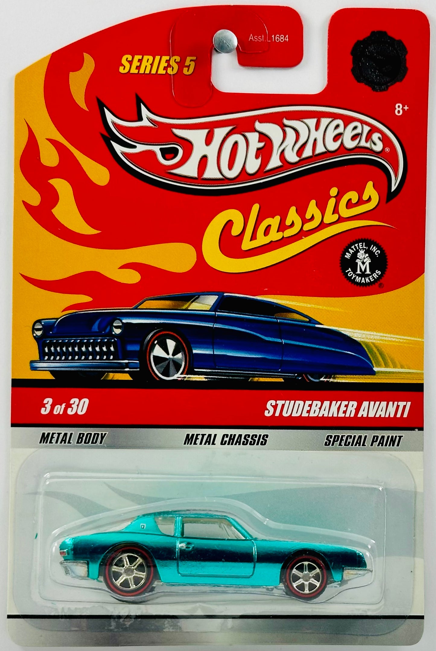 Hot Wheels 2009 - Classics Series 5 # 03/30 - Studebaker Avanti - Spectraflame Aqua - CHASE - Real Riders Redlines - Metal/Metal - Blister Card with Foil Logo