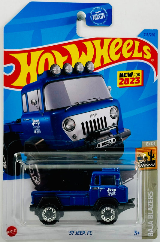 Hot Wheels 2023 - Collector # 218/250 - Baja Blazers 06/10 - New Models - '57 Jeep FC - Metalflake Blue - USA